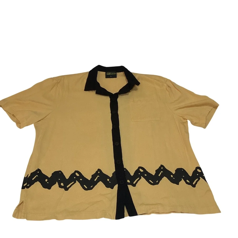 Peanuts Charlie Brown Zigzag Button Down Shirt Yellow Black Mens Lrg Cedar Fair